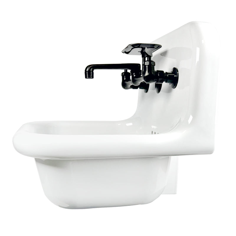 Nantucket Sinks NS-VC16-WW-MBFCT wall-mount sink side view of the backsplash, bowl and black faucet spout