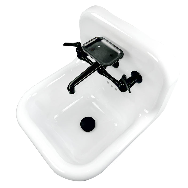 Nantucket Sinks NS-VC16-WW-MBFCT wall-mount sink from above at an angle, black faucet, soap dish and drain