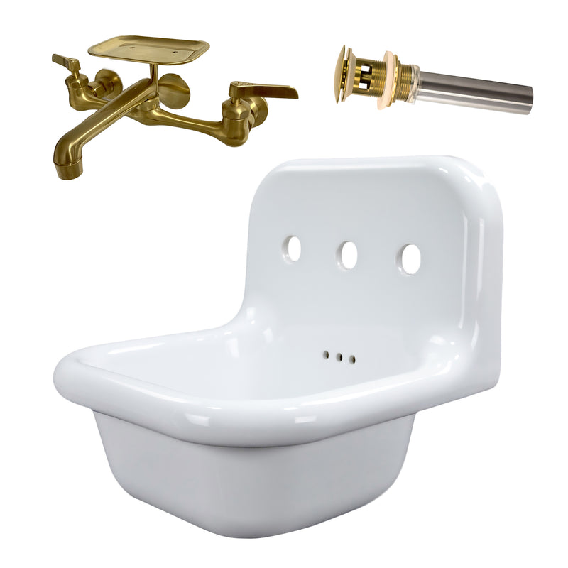 Nantucket Sinks NS-VC16-WW-SBFCT wall-mount sink with the included brass wall faucet, soap dish and pop-up drain