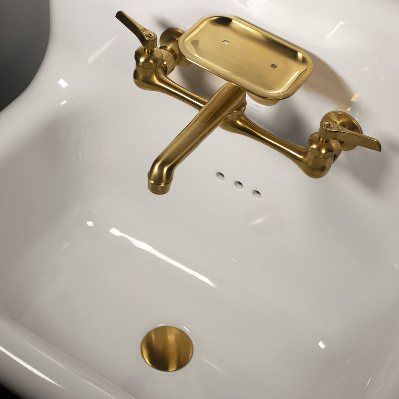 Nantucket Sinks NS-VC16-WW-SBFCT close-up into the bowl showing the brass faucet and brass drain