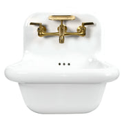 Nantucket Sinks NS-VC16-WW-SBFCT white fireclay wall-mount bathroom sink with satin brushed brass faucet, front view