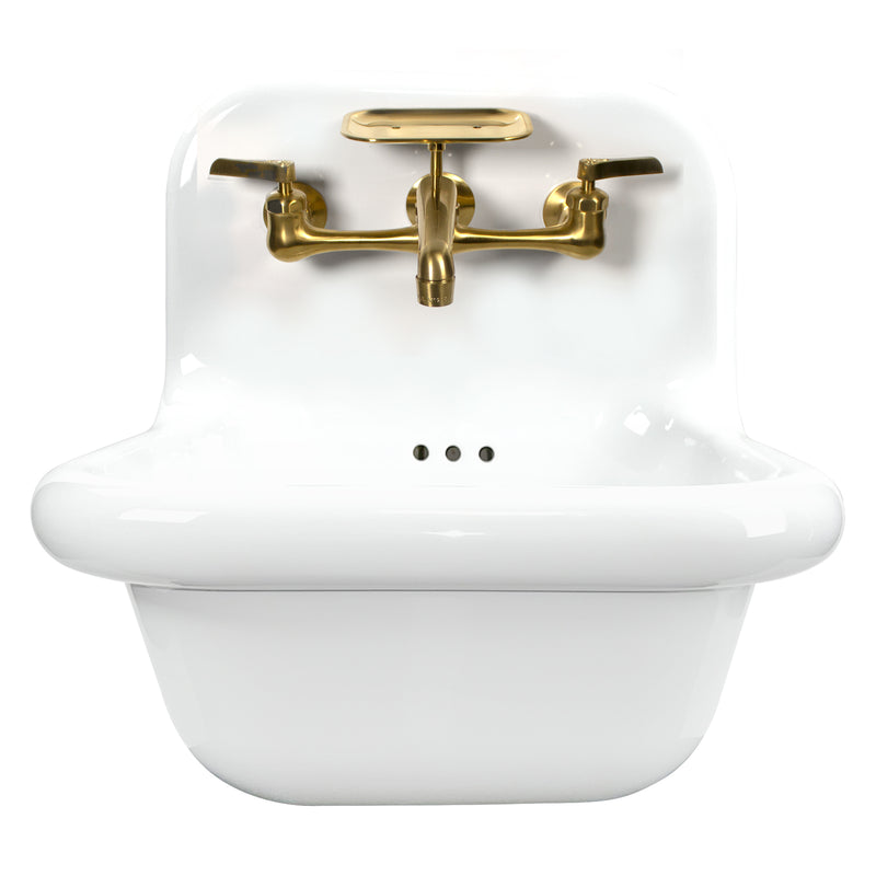 Nantucket Sinks NS-VC16-WW-SBFCT white fireclay wall-mount bathroom sink with satin brushed brass faucet, front view