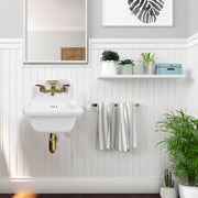 Nantucket Sinks NS-VC16-WW-SBFCT wall-mount sink with brass faucet on white beadboard with towels