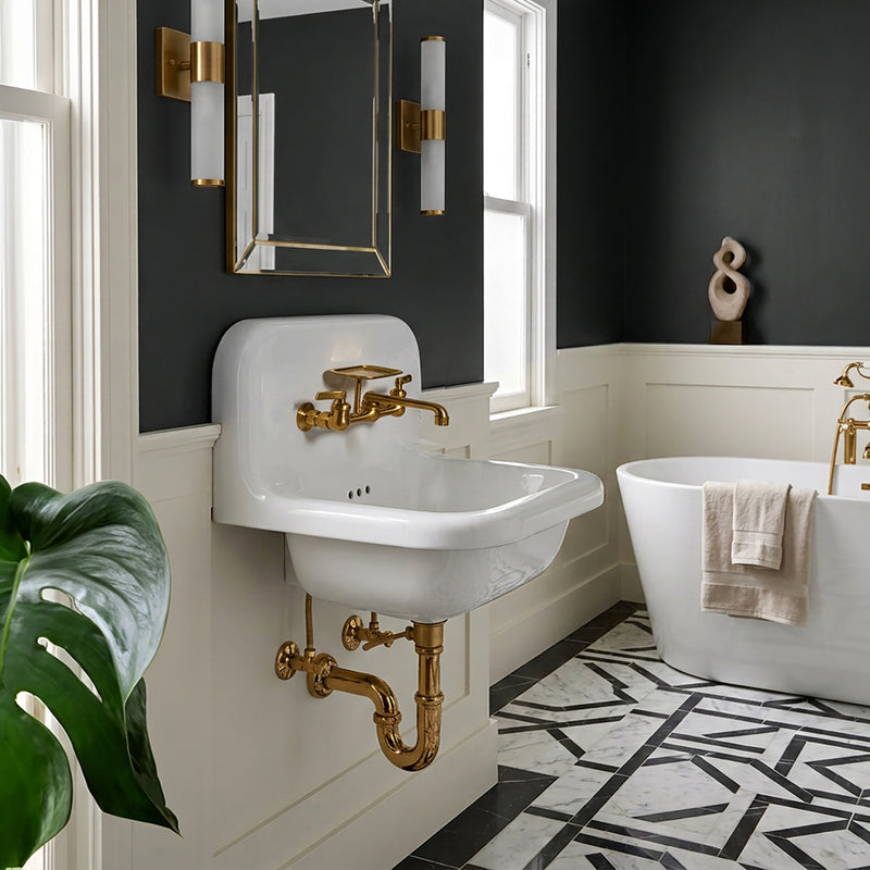 Nantucket Sinks NS-VC16-WW-SBFCT wall-mount sink with brass faucet and brass trap in a black and white bath