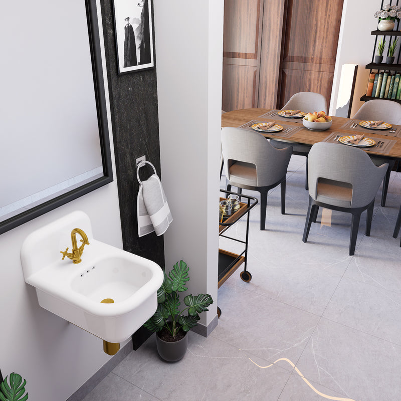 Nantucket Sinks NS-VCDM14-WW Victorian wall-mount sink with a brass faucet by a dining area