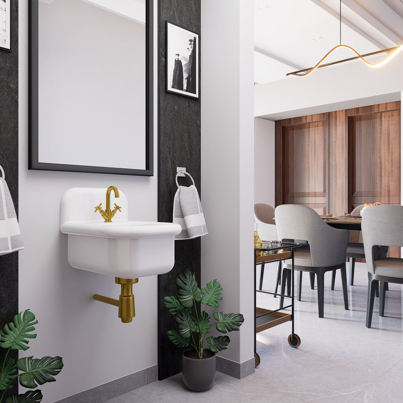 Nantucket Sinks NS-VCDM14-WW Victorian wall-mount sink with brass faucet and trap beside a planter