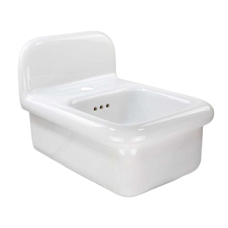 Nantucket Sinks NS-VCDM14-WW white Victorian fireclay wall-mount bathroom sink, three-quarter view with backsplash