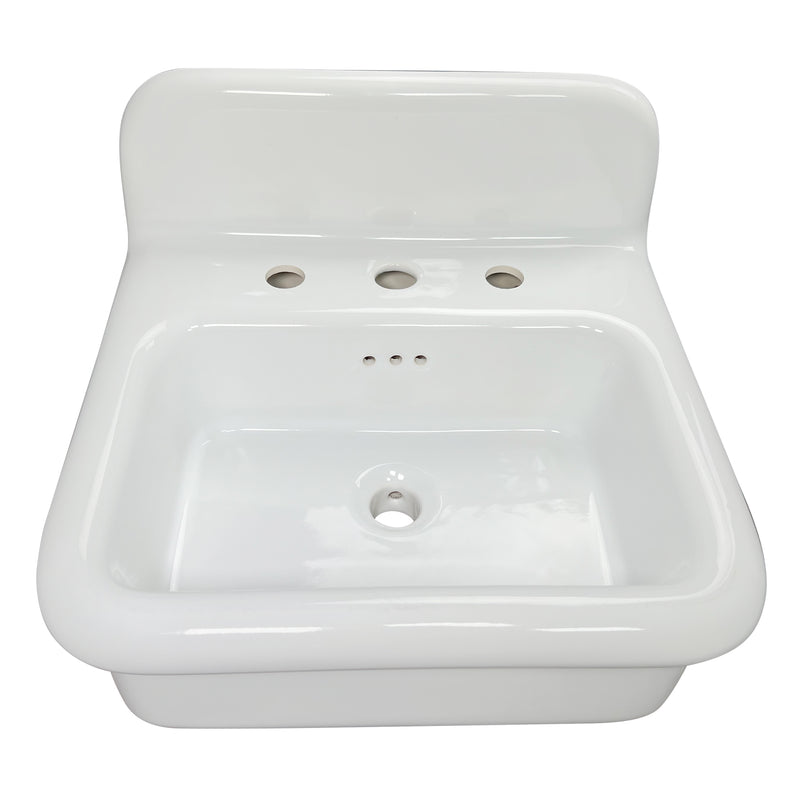 Nantucket Sinks NS-VCDM20-WW white Victorian fireclay wall-mount bathroom sink, elevated front view with backsplash