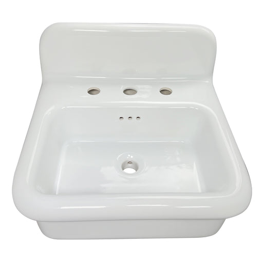 Nantucket Sinks NS-VCDM20-WW white Victorian fireclay wall-mount bathroom sink, elevated front view with backsplash