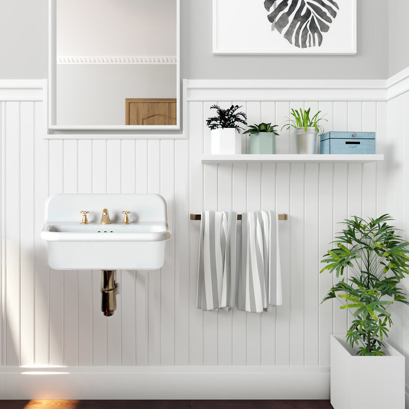 Nantucket Sinks NS-VCDM20-WW white Victorian wall-mount sink with brass faucet on white beadboard