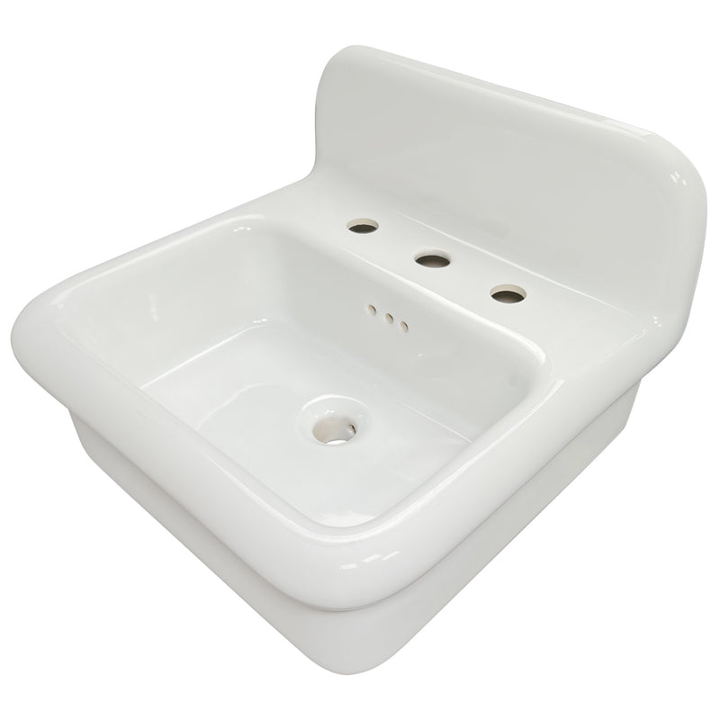 Nantucket Sinks NS-VCDM20-WW white Victorian wall-mount sink from the left showing the high backsplash