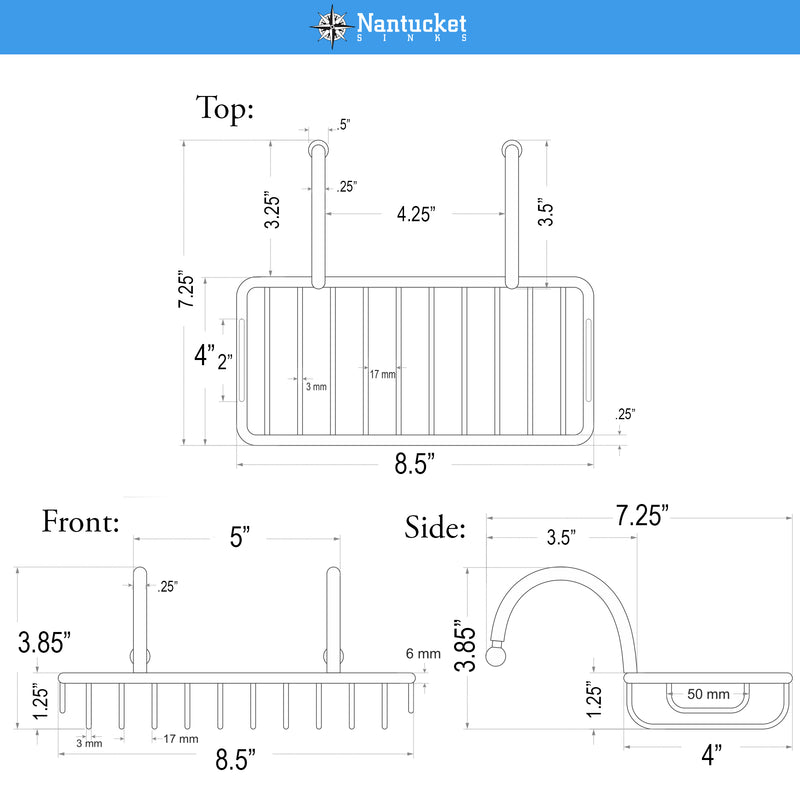 Nantucket Sinks NS-VCSH-CH dimensional drawing of the soap holder, 8.5" wide, 7.25" deep, 3.85" tall