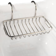 Nantucket Sinks NS-VCSH-CH chrome soap holder hooked over the rim of a white sink
