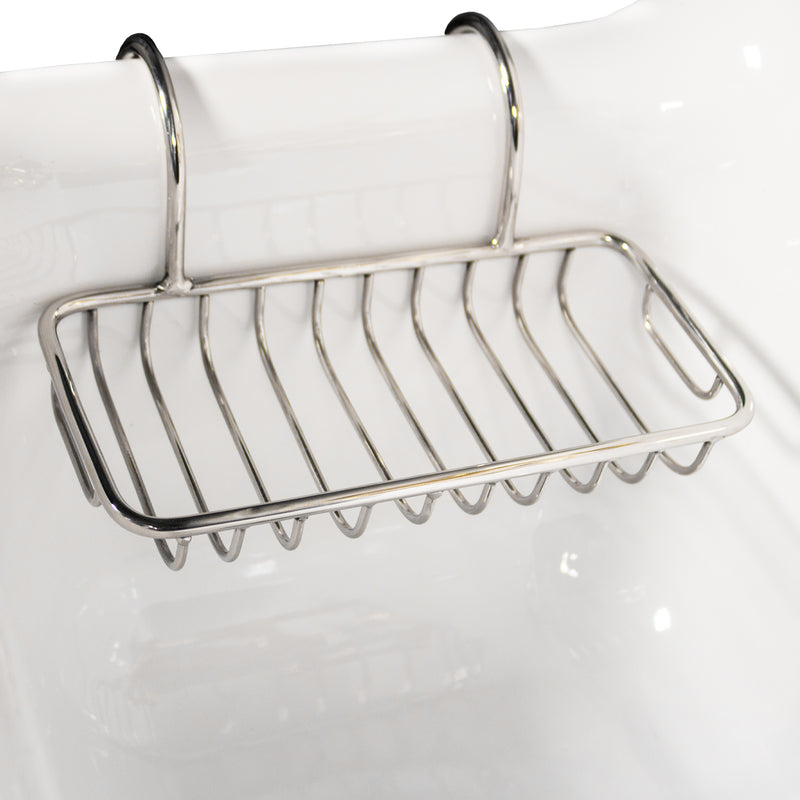 Nantucket Sinks NS-VCSH-CH chrome soap holder hooked over the rim of a white sink