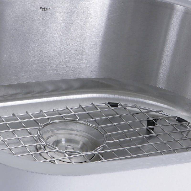 Nantucket Sinks NS03i-16 close-up of the grid, rubber bumpers and colander drain