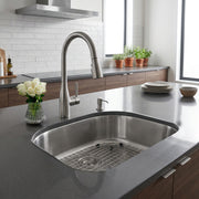 Nantucket Sinks NS03i-16 installed in a gray counter with grid and pull-down faucet