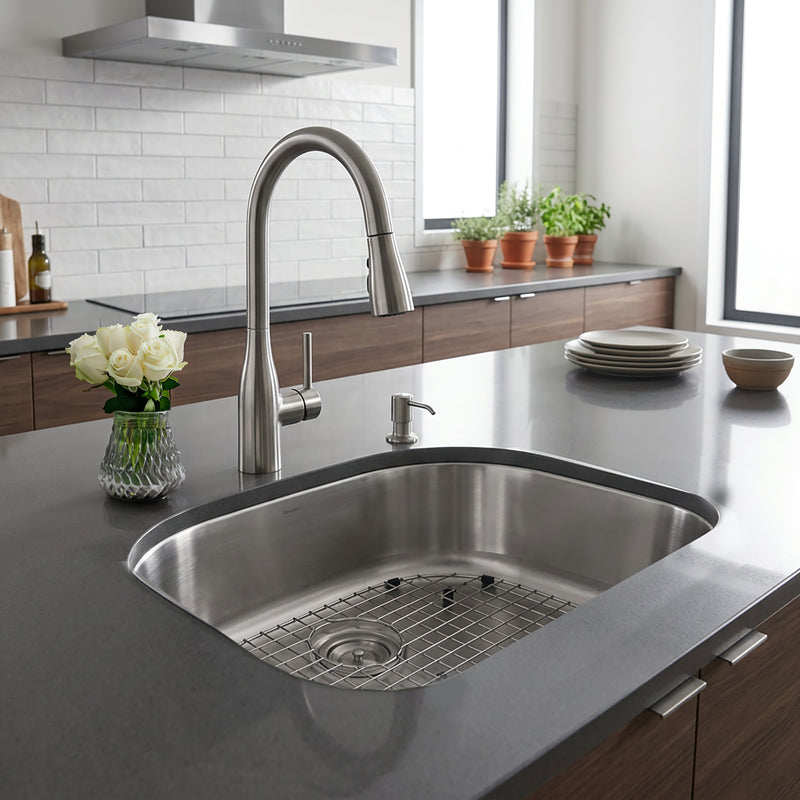 Nantucket Sinks NS03i-16 installed in a gray counter with grid and pull-down faucet