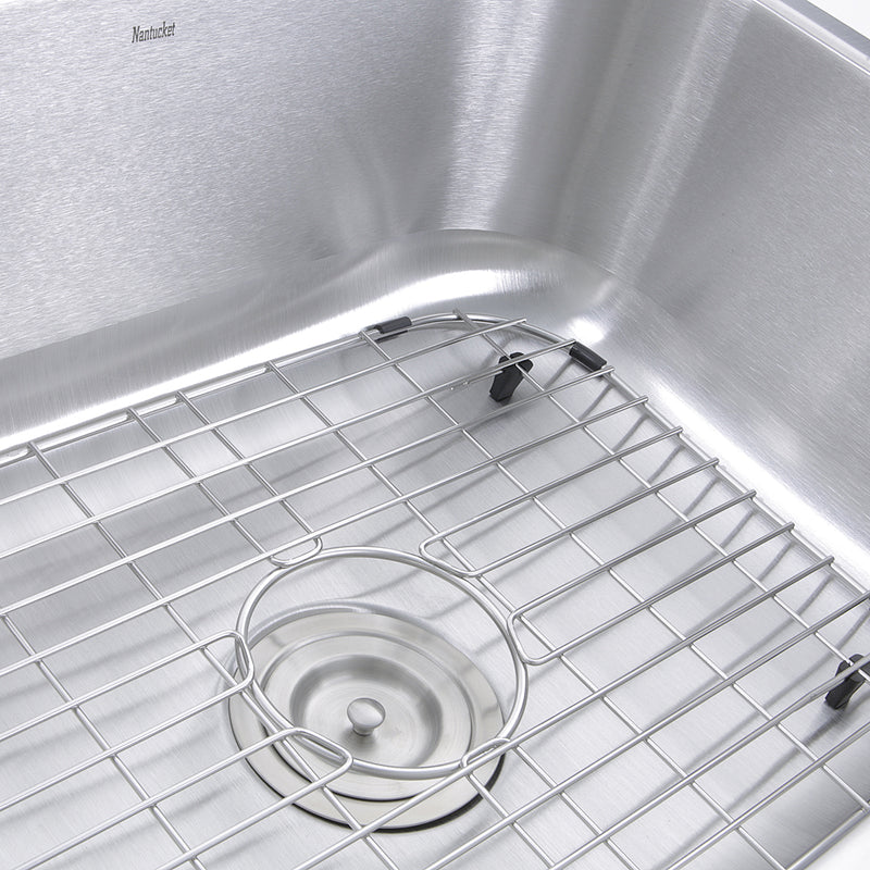 Nantucket Sinks NS09i-16 close-up of the colander drain, grid and rubber bumpers