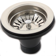 Nantucket Sinks NS35L-EXT close three-quarter view of the stainless flange and slotted basket strainer
