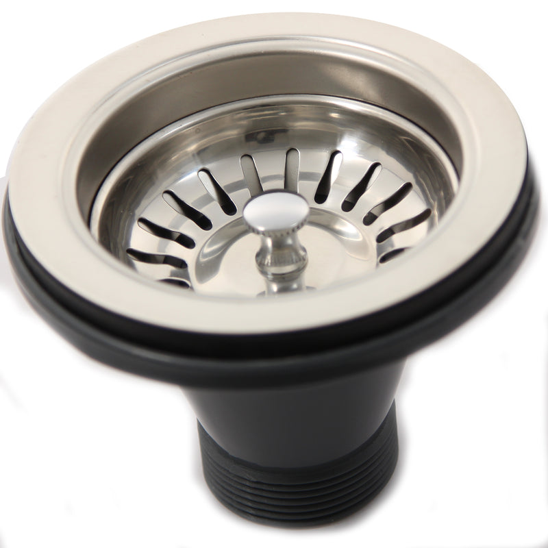 Nantucket Sinks NS35L-EXT close three-quarter view of the stainless flange and slotted basket strainer