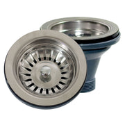 Nantucket Sinks NS35L-EXT stainless basket strainer lifted beside the drain body, white background