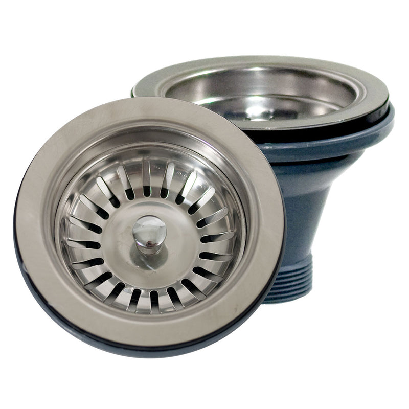 Nantucket Sinks NS35L-EXT stainless basket strainer lifted beside the drain body, white background