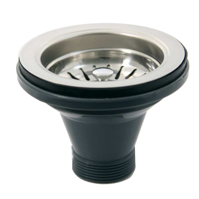 Nantucket Sinks NS35L-EXT stainless basket strainer drain for fireclay sinks, three-quarter view, white background