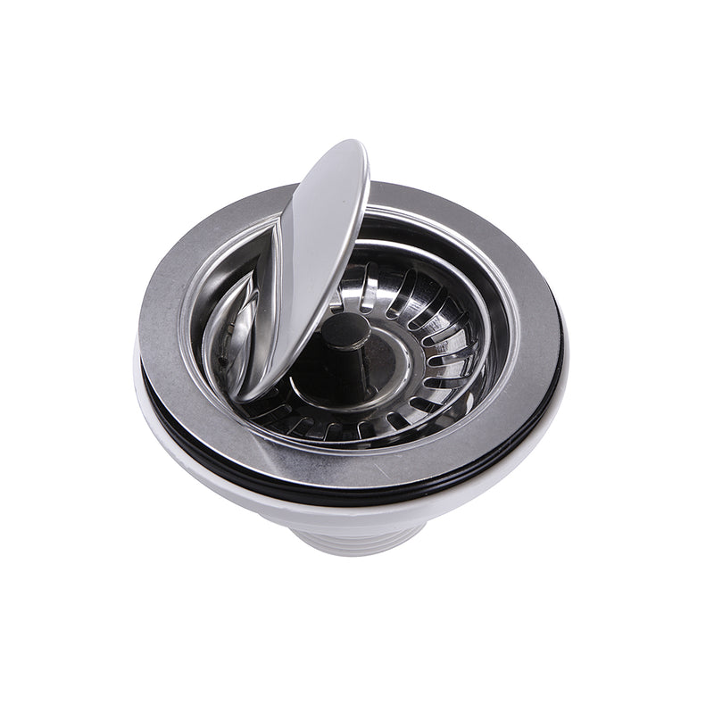 Nantucket Sinks NS35LCC-CH chrome crumb cup drain angled view with the flip lid tipped into the basket