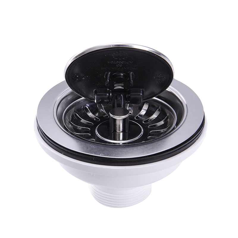 Nantucket Sinks NS35LCC-CH chrome flip-top crumb cup kitchen drain with lid tilted up, white background