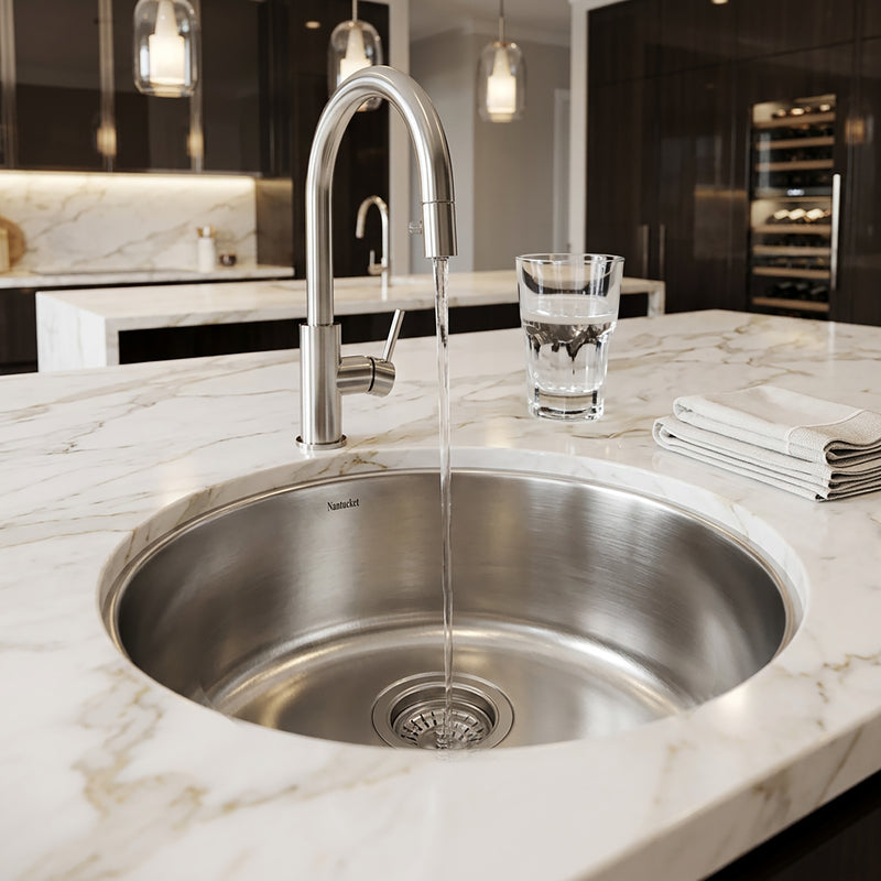 Nantucket Sinks NS37 installed in a white marble island with a pull-down faucet