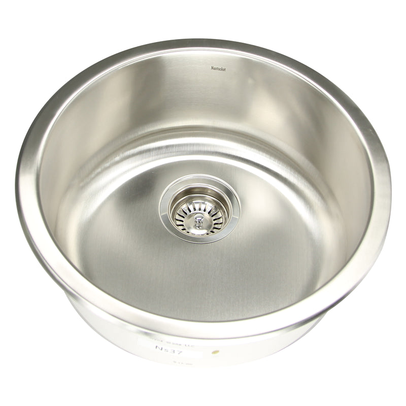 Nantucket Sinks NS37 18.25" round bar prep sink, three-quarter view with strainer, white background