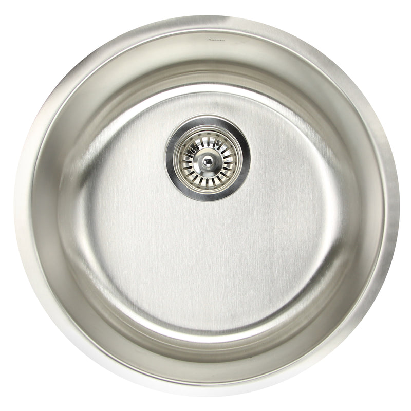 Nantucket Sinks NS37 overhead view of the round bowl and offset basket strainer