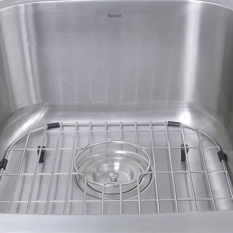 Nantucket Sinks NS503-16-CB close-up of the colander drain, grid and rubber bumpers