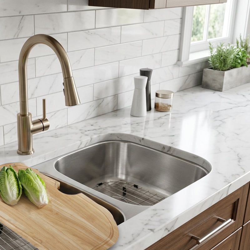 Nantucket Sinks NS503-16-CB installed in white marble with a bronze faucet and cutting board