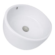 Nantucket Sinks NSV213 white round vessel sink angled from above with brushed drain and overflow