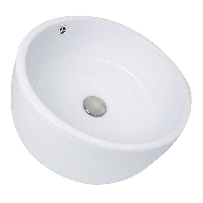 Nantucket Sinks NSV213 white round vessel sink angled from above with brushed drain and overflow