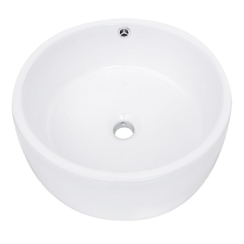Nantucket Sinks NSV213 white round vessel sink front view showing the overflow and drain opening