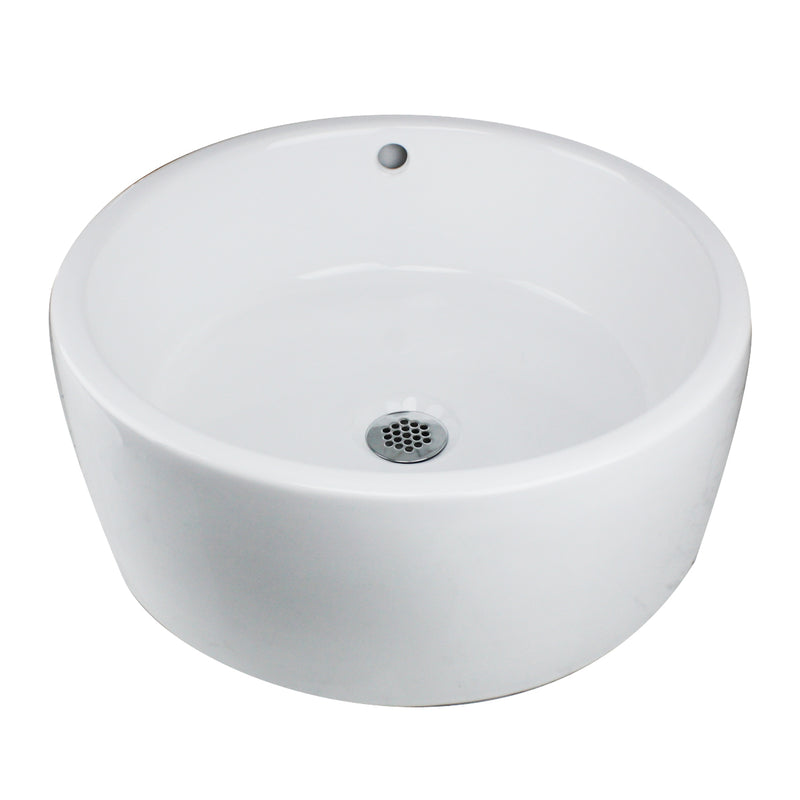 Nantucket Sinks NSV213 white round vessel bathroom sink with overflow, three-quarter view, white background