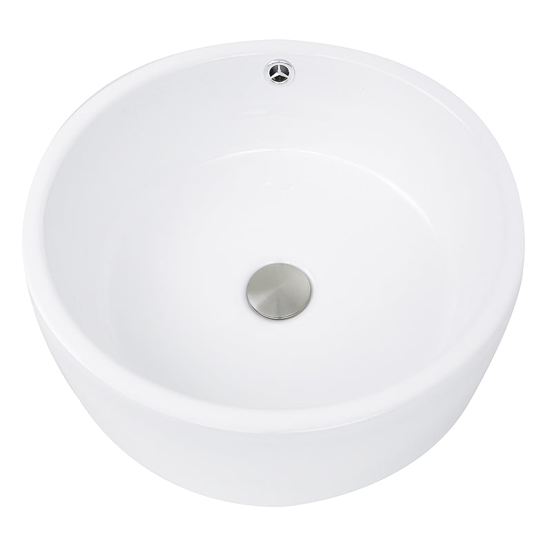 Nantucket Sinks NSV213 white round vessel sink from above with brushed drain