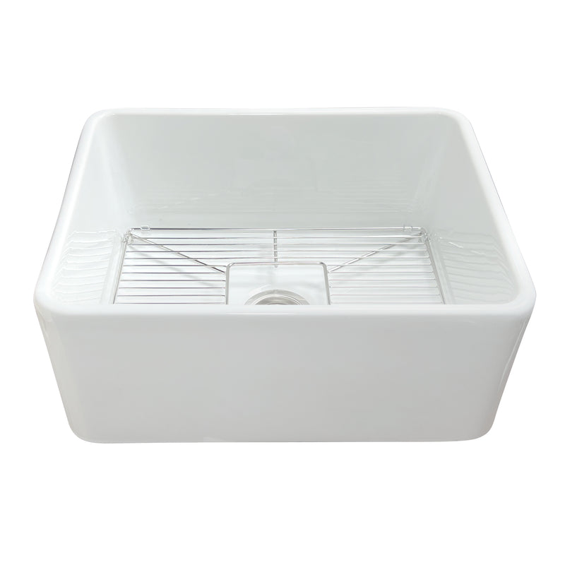 Nantucket Sinks P-FCS23 23" farmhouse sink elevated front view with the grid in the bowl