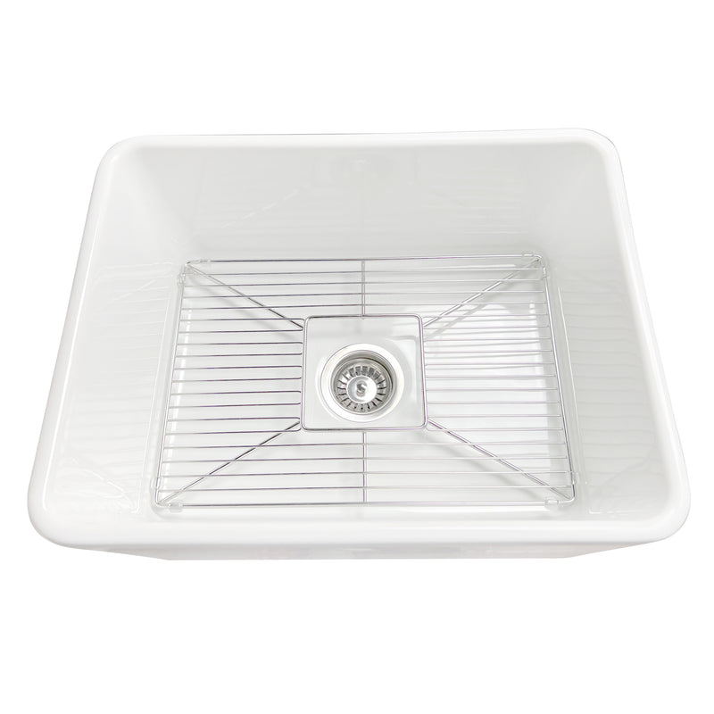 Nantucket Sinks P-FCS23 23" farmhouse sink straight elevated view into the bowl with grid