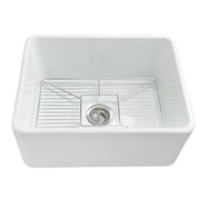 Nantucket Sinks P-FCS23 white fireclay farmhouse kitchen sink with bottom grid and drain, three-quarter view