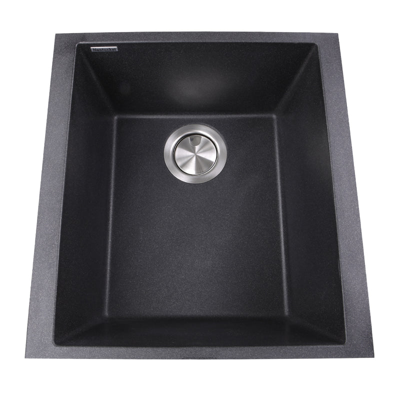 Nantucket Sinks PR1716-BL black single-bowl bar sink from above with stainless drain