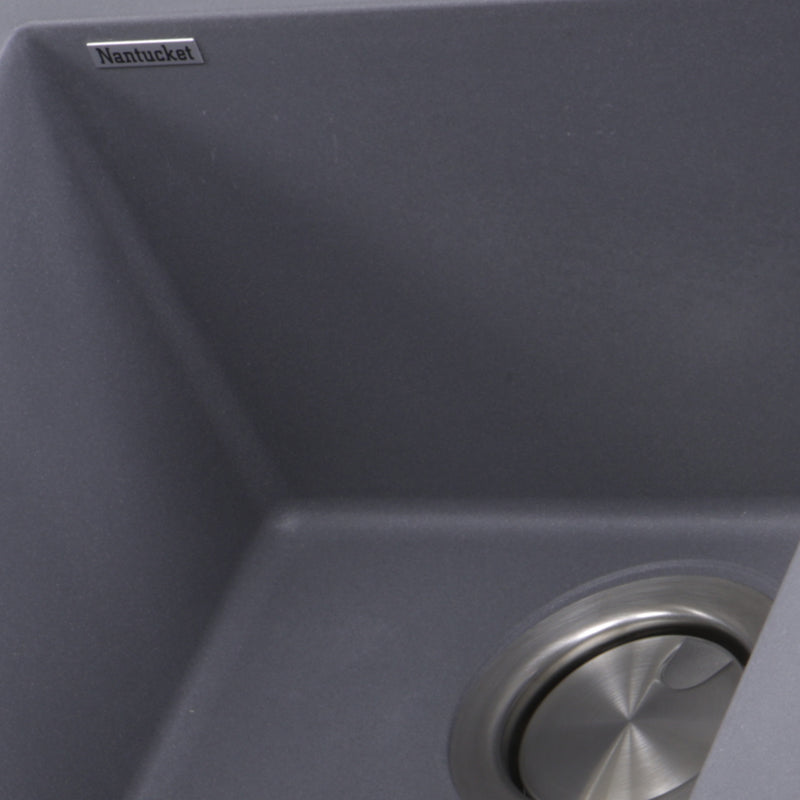 Nantucket Sinks PR1716-TI close-up of the titanium gray granite finish, corner radius and drain