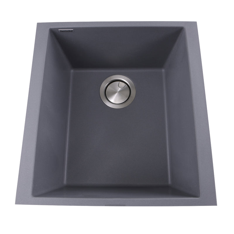 Nantucket Sinks PR1716-TI titanium gray single-bowl bar sink from above with stainless drain