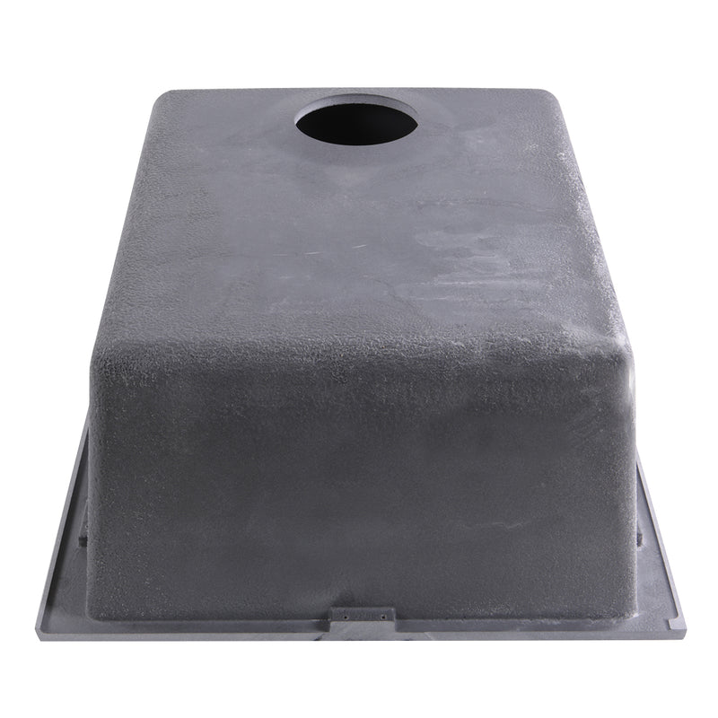 Nantucket Sinks PR1716-TI underside of the titanium gray granite composite bar sink showing the drain opening