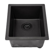 Nantucket Sinks PR1815-BL black dual-mount bar sink from the front with black basket strainer