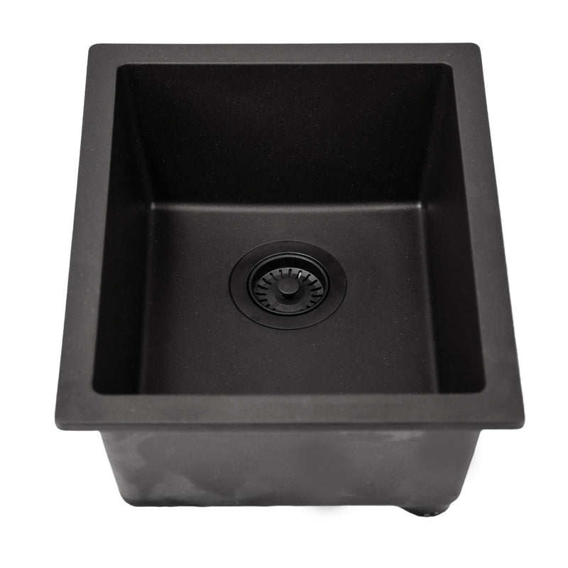 Nantucket Sinks PR1815-BL black dual-mount bar sink from the front with black basket strainer