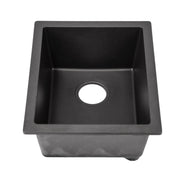 Nantucket Sinks PR1815-BL black dual-mount bar sink front view showing the open drain hole