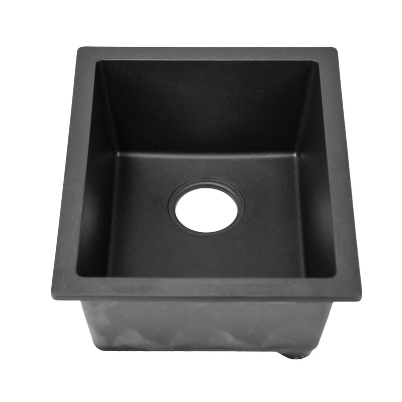 Nantucket Sinks PR1815-BL black dual-mount bar sink front view showing the open drain hole